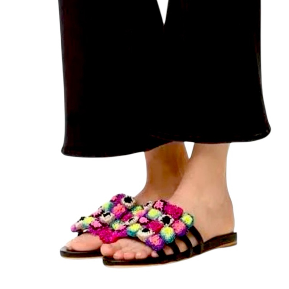 Loeffler Randal Sal PomPom Slide Multicolor Leather Casual Sandals Womens 9.5 - Picture 1 of 15